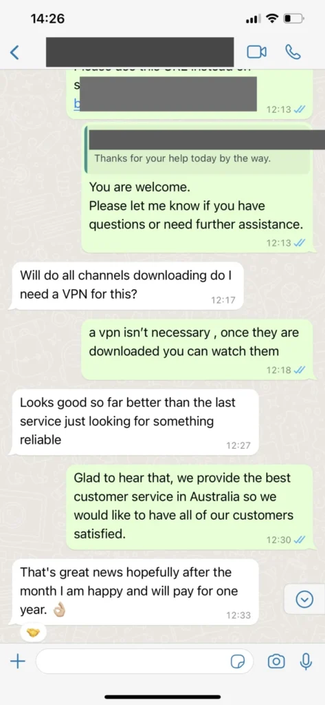 WhatsApp customer message screenshot 3 IPTV Bears review feedback